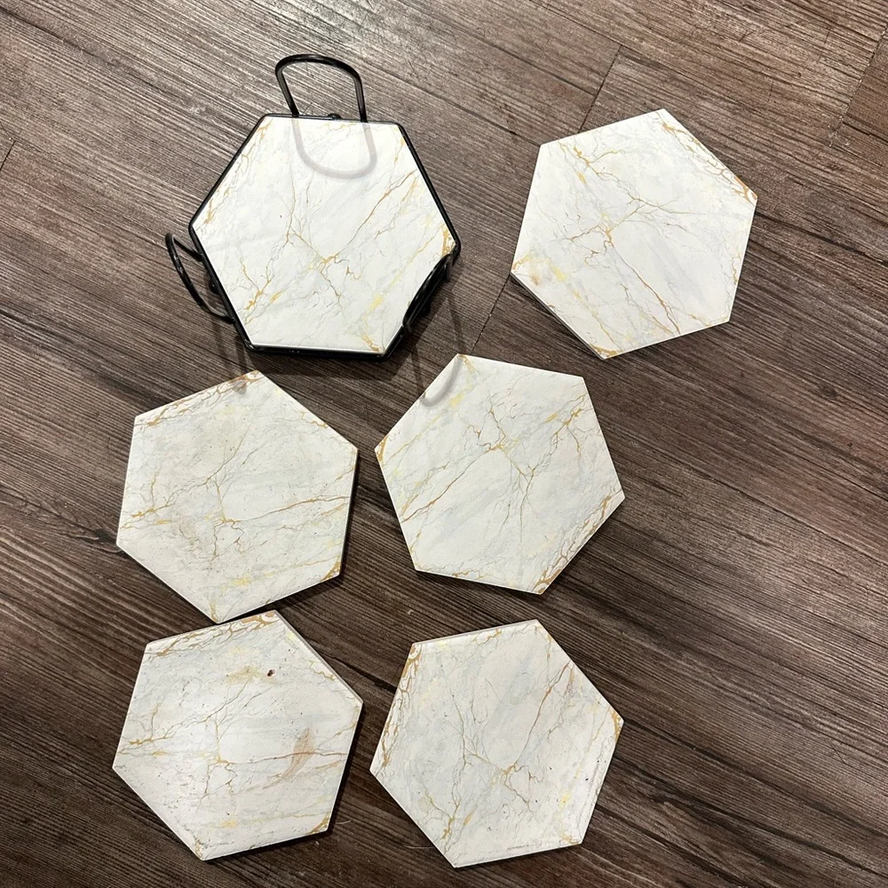 Hexagonal Marble Coasters with Holder
